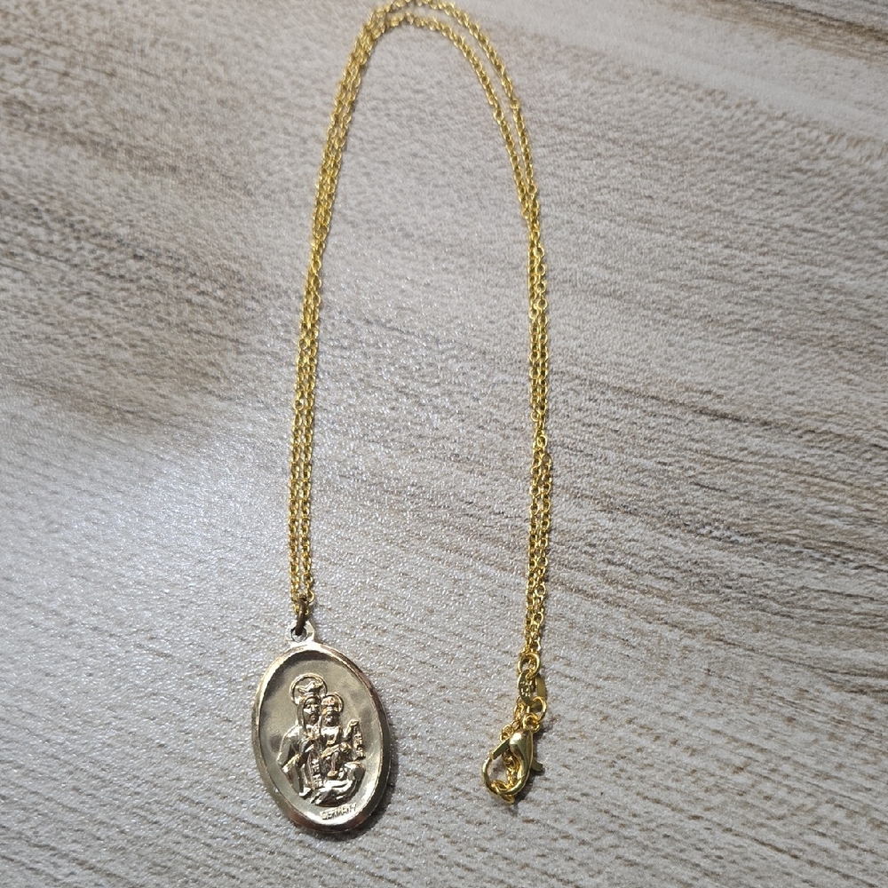 Vintage Germany Jesus Medallion Gold Tone Pendant Necklace